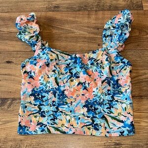 A&F Floral Ruffle Sleeve Top - Blue and Pink